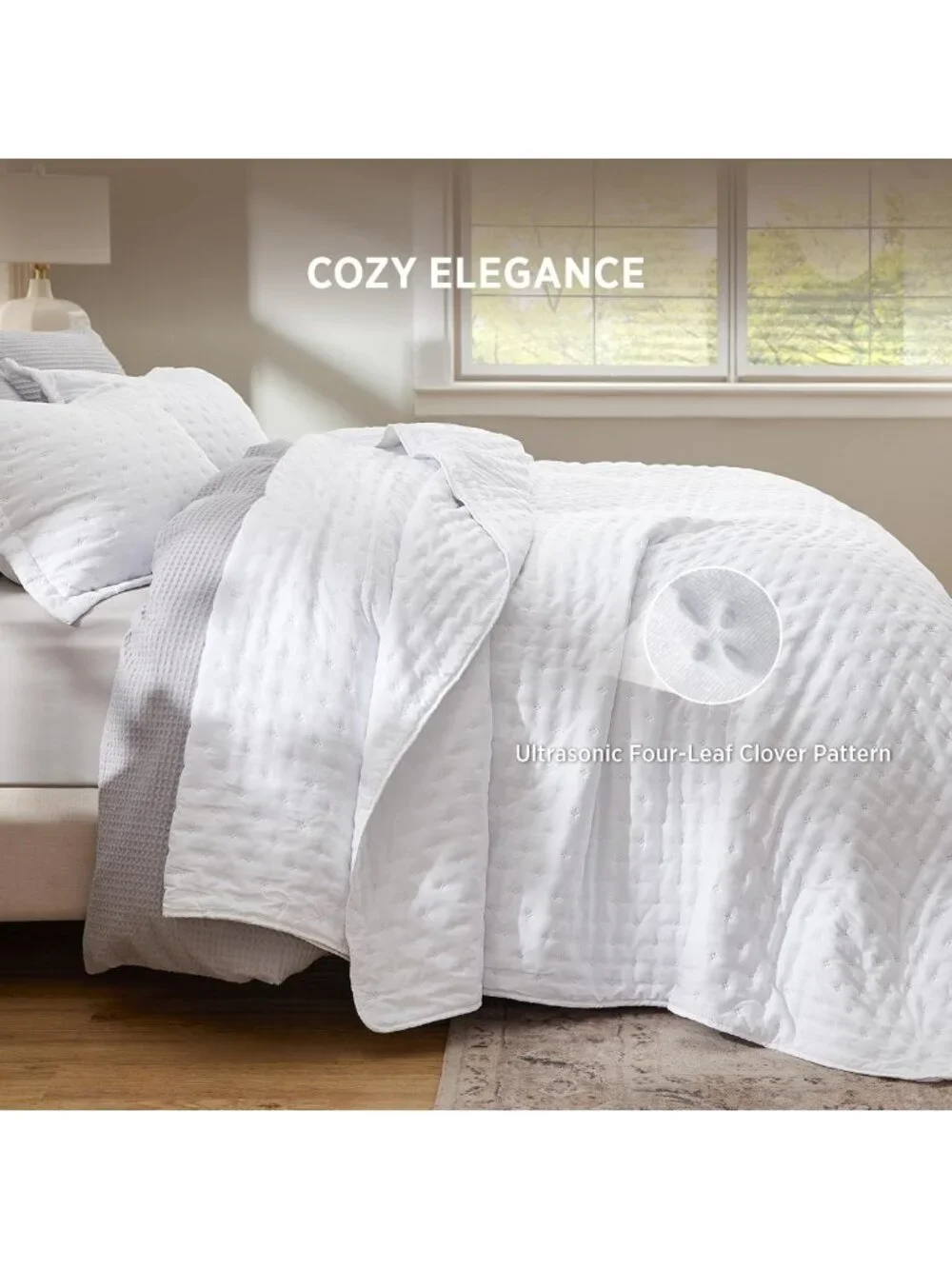 Lightweight Queen Quilt - Bright White Clover Pattern Bedspread, Soft All-Season